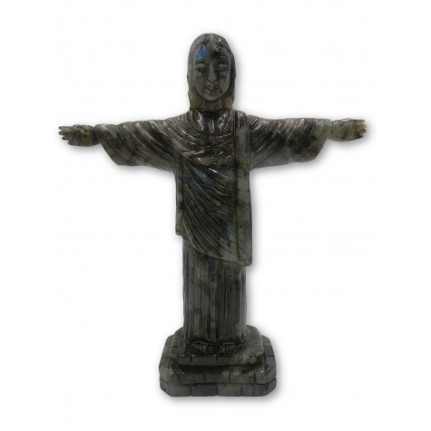 "Christ the Redeemer" - Majestic carving in natural labradorite stone 13 inches tall - handcarved statue / figurine of Jesus Christ