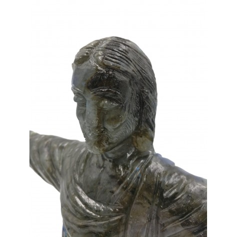 "Christ the Redeemer" - Majestic carving in natural labradorite stone 13 inches tall - handcarved statue / figurine of Jesus Christ