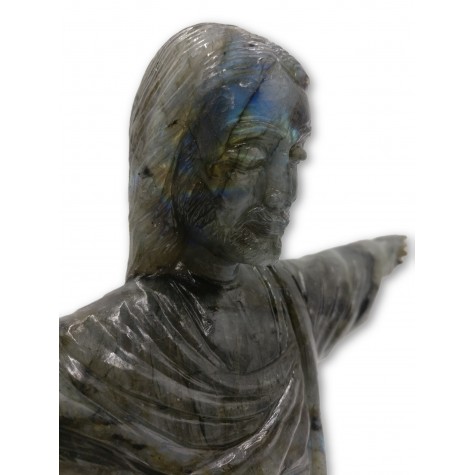 "Christ the Redeemer" - Majestic carving in natural labradorite stone 13 inches tall - handcarved statue / figurine of Jesus Christ
