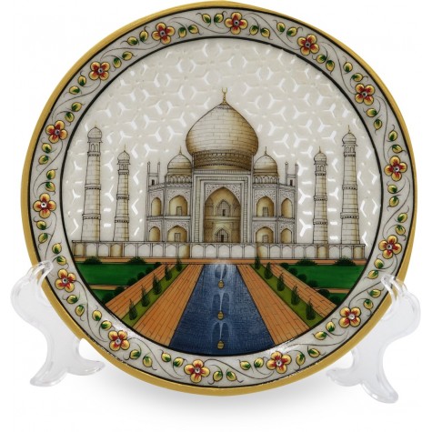 Marble Round Plate TajMahal with CutWork - Indian Handicraft