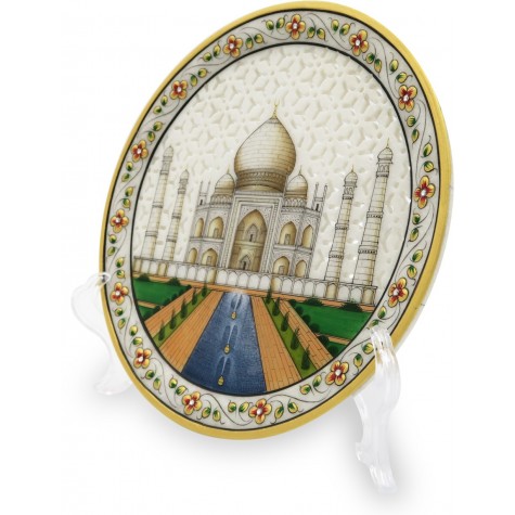 Marble Round Plate TajMahal with CutWork - Indian Handicraft
