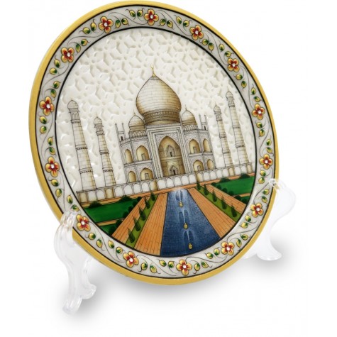Marble Round Plate TajMahal with CutWork - Indian Handicraft
