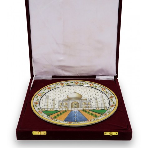 Marble Round Plate TajMahal with CutWork - Indian Handicraft
