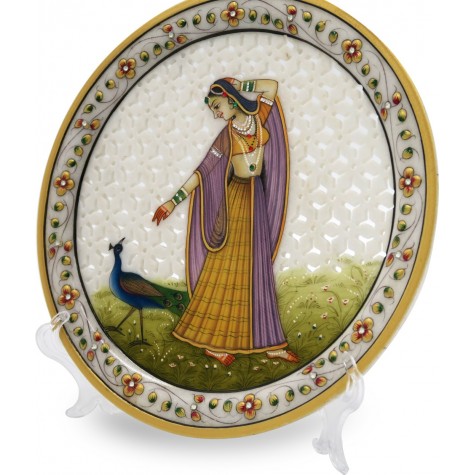 Marble Round Decorative Plate Cutwork with Lady Figurine - Indian Handicraft in Marble