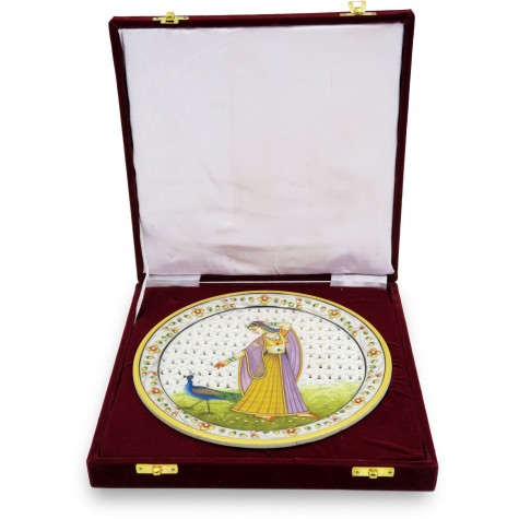 Marble Round Decorative Plate Cutwork with Lady Figurine - Indian Handicraft in Marble