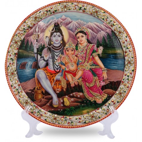 Marble Round Decorative Plate With Shiv Parvati Design