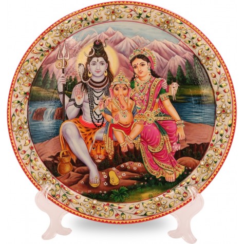 Marble Round Decorative Plate With Shiv Parvati Design