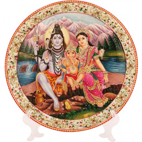Marble Round Decorative Plate With Shiv Parvati Design