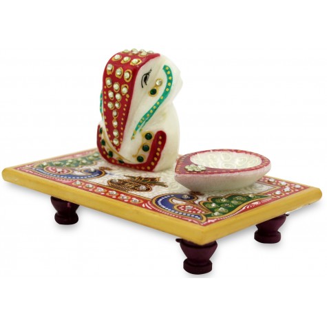 Marble Ganesha Chowki with Lamp on a marble Pedestal - Ganesha Handmade in Marble