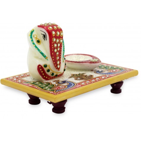 Marble Ganesha Chowki with Lamp on a marble Pedestal - Ganesha Handmade in Marble