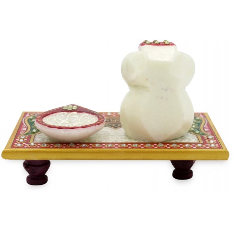 Marble Ganesha Chowki with Lamp on a marble Pedestal - Ganesha Handmade in Marble