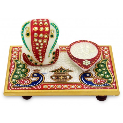 Marble Ganesha Chowki with Lamp on a marble Pedestal - Ganesha Handmade in Marble