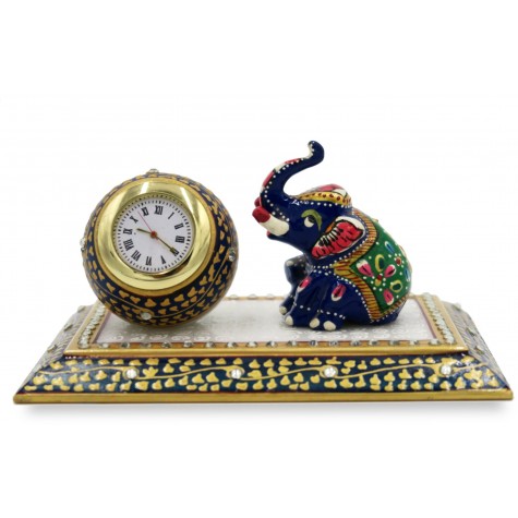 Marble Table Decoration with Watch and Elephant - Handmade Home Decor in Marble