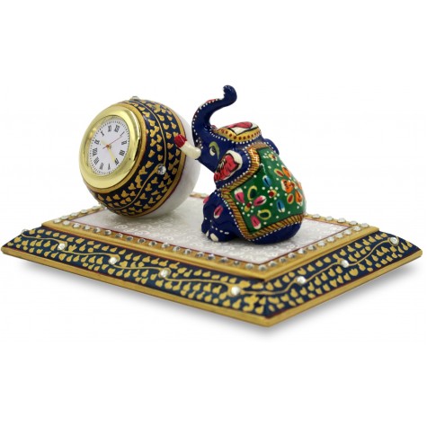 Marble Table Decoration with Watch and Elephant - Handmade Home Decor in Marble