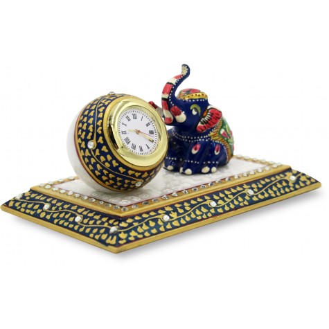 Marble Table Decoration with Watch and Elephant - Handmade Home Decor in Marble