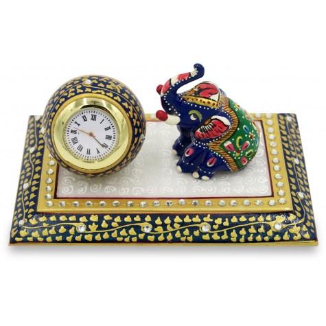 Marble Table Decoration with Watch and Elephant - Handmade Home Decor in Marble