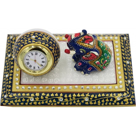 Marble Table Decoration with Watch and Elephant - Handmade Home Decor in Marble