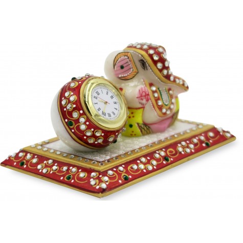 Table Decor Ganesha with Watch - Marble Handicraft India