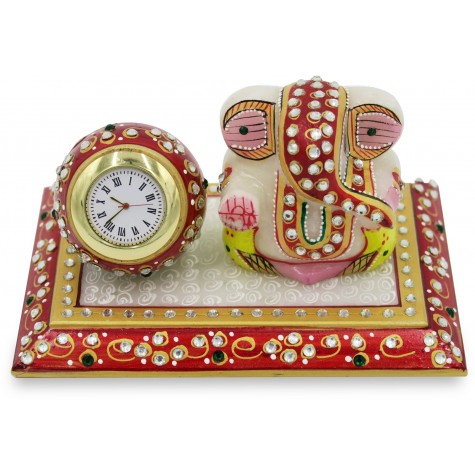 Table Decor Ganesha with Watch - Marble Handicraft India