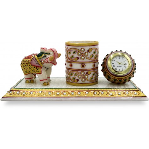 Marble Pen Stand with Watch and Elephant