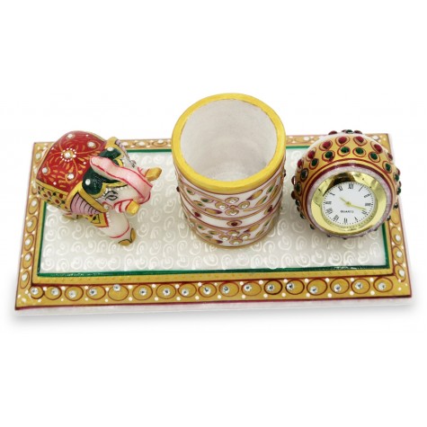 Marble Pen Stand with Watch and Elephant