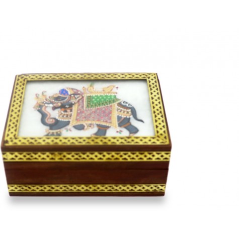 Marble Jewelry Boxes with Elephant Painting using Crushed Gemstone art on wood - Gift a Jewelry Marble Box in Wooden Frame 