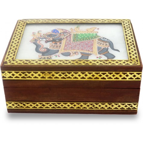 Marble Jewelry Boxes with Elephant Painting using Crushed Gemstone art on wood - Gift a Jewelry Marble Box in Wooden Frame 