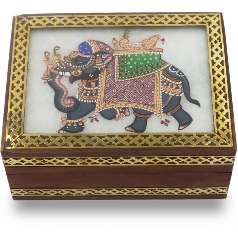 Marble Jewelry Boxes with Elephant Painting using Crushed Gemstone art on wood - Gift a Jewelry Marble Box in Wooden Frame 
