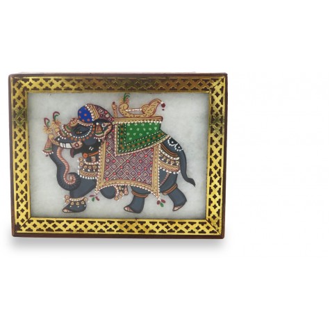 Marble Jewelry Boxes with Elephant Painting using Crushed Gemstone art on wood - Gift a Jewelry Marble Box in Wooden Frame 