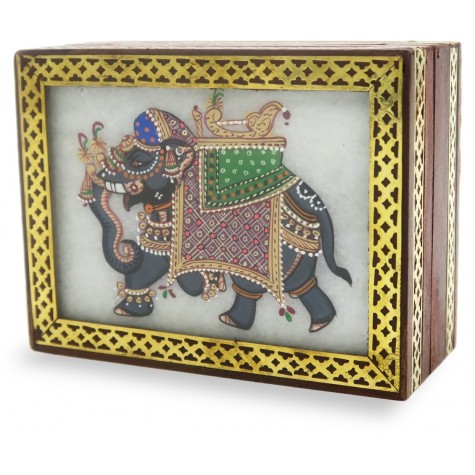 Marble Jewelry Boxes with Elephant Painting using Crushed Gemstone art on wood - Gift a Jewelry Marble Box in Wooden Frame 