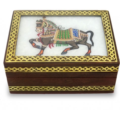 Marble Jewelry Boxes with Horse Painting using Crushed Gemstone art on wood - Gift a Jewelry Marble Box in Wooden Frame 
