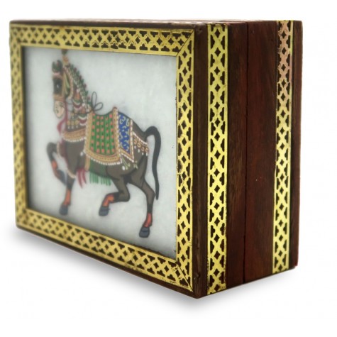 Marble Jewelry Boxes with Horse Painting using Crushed Gemstone art on wood - Gift a Jewelry Marble Box in Wooden Frame 