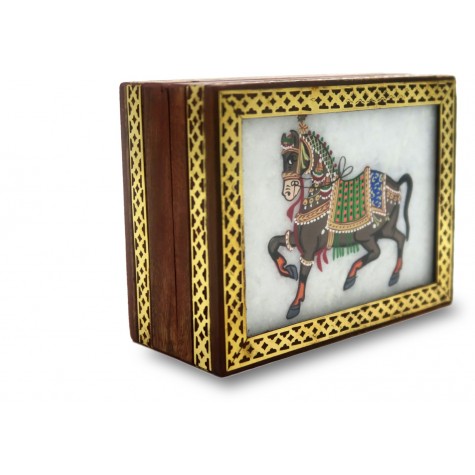 Marble Jewelry Boxes with Horse Painting using Crushed Gemstone art on wood - Gift a Jewelry Marble Box in Wooden Frame 