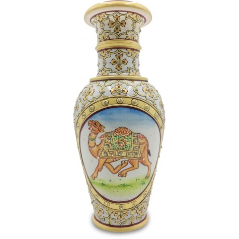 Marble Flower Vase with Camel Painting - Vase in Marble Handpainted Indian Artifact