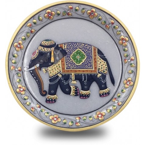 Marble Round Plate with Hand Painted Elephant - Handicraft from India
