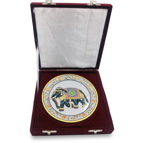 Marble Round Plate with Hand Painted Elephant - Handicraft from India