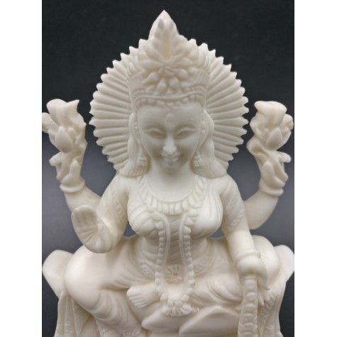 Laxmi sitting on lotus statue in marble dust 5 inches - Devi Lakshmi hand carved idol and figurine for temple or home decor - Diwali gifts