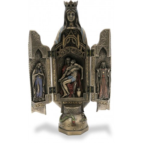 Triptych of The Virgin Mary hinged Statue with Sculpture of Pieta in The Center and Side Panels of Blessed Mother and Sacred Heart of Jesus
