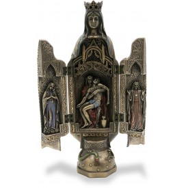 Triptych of The Virgin Mary hinged Statue with Sculpture of Pieta in The Center and Side Panels of Blessed Mother and Sacred Heart of Jesus