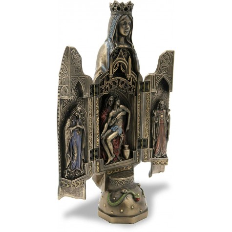 Triptych of The Virgin Mary hinged Statue with Sculpture of Pieta in The Center and Side Panels of Blessed Mother and Sacred Heart of Jesus
