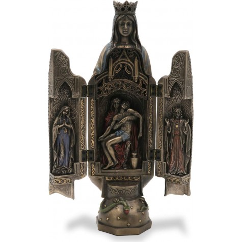 Triptych of The Virgin Mary hinged Statue with Sculpture of Pieta in The Center and Side Panels of Blessed Mother and Sacred Heart of Jesus