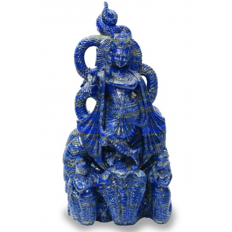Krishna Statue in Lapis Lazuli Stone | Idol | Sculpture of Lord Krishna playing flute on the head of multi hooded Serpent Kaaliya - Carving of Krishna on both sides
