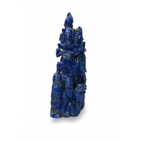 Krishna Statue in Lapis Lazuli Stone | Idol | Sculpture of Lord Krishna playing flute on the head of multi hooded Serpent Kaaliya - Carving of Krishna on both sides