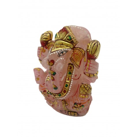 Rose Quartz Ganesh Statue 3.3 Inches with Gold foil artwork