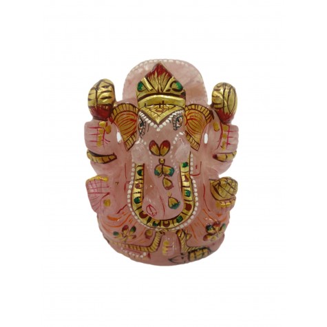 Rose Quartz Ganesh Statue 3.3 Inches with Gold foil artwork
