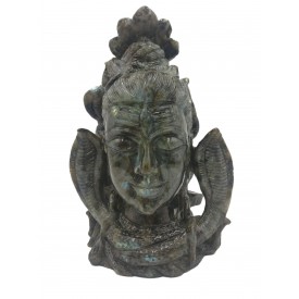 Labradorite Stone carving of Lord Shiva head with multiple Snakes and Shiv Lingam | Shiva Statue | Sculpture in Black Rainbow Stone