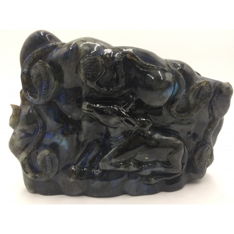 Shiva Statue in Labradorite Stone - Rare Unique Sculpture in Black Rainbow Stone