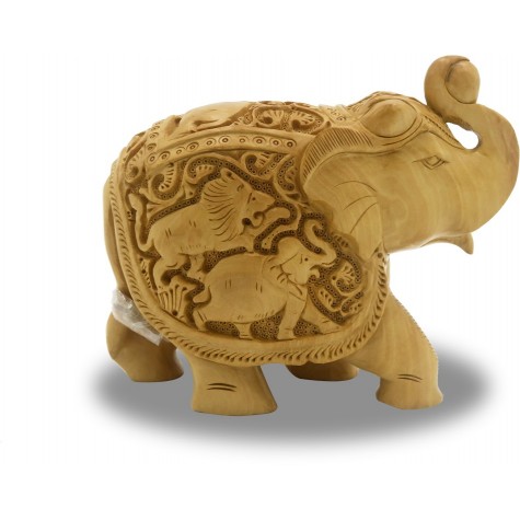 Elephant with Carving of Hunt made in wood