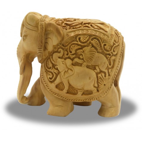 Elephant in Wood with Carving of Hunting Lion on its Belly - Wooden Handicraft from India