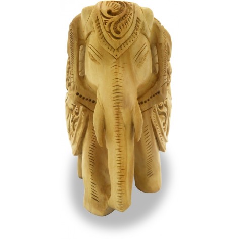 Elephant in Wood with Carving of Hunting Lion on its Belly - Wooden Handicraft from India